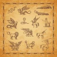 personnages de carte vintage de licorne, dragon, pégase vecteur