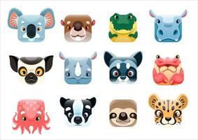 visages d'animaux kawaii de dessin animé et émoticônes de sourire vecteur