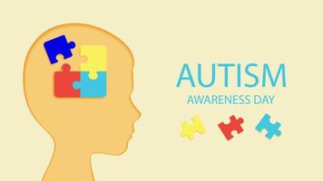 journée de sensibilisation à l'autisme, silhouette de tête d'enfant, puzzle. bannière de conception avec une inscription. illustration de stock de vecteur. vecteur