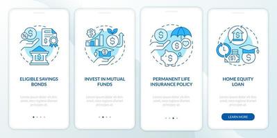 façons d'économiser pour l'écran de l'application mobile d'intégration bleu collège. Finance Walkthrough 4 étapes d'instructions graphiques modifiables avec des concepts linéaires. ui, ux, modèle d'interface graphique. vecteur