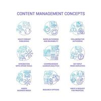 ensemble d'icônes de concept de dégradé bleu de gestion de contenu. lms, cms fonctionnalités idée illustrations couleur en ligne fine. des médias sociaux. commerce électronique. symboles isolés. vecteur