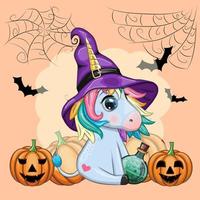 licorne de dessin animé mignon en chapeau de sorcière violet, avec citrouilles, potion ou balai, personnage de vacances d'halloween vecteur