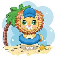 lion de dessin animé en palmes, cercle de natation, chapeau, lunettes. personnage aux beaux yeux, enfantin. vacances d'été vecteur