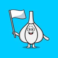 mascotte d'ail de dessin animé mignon avec un drapeau blanc vecteur