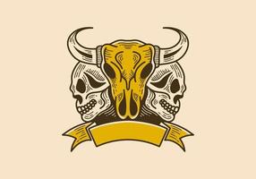 illustration de style vintage d'un crâne de taureau avec deux crânes sur le côté vecteur
