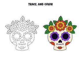 tracer et colorier un joli crâne mexicain dessiné à la main. feuille de travail pour les enfants. vecteur