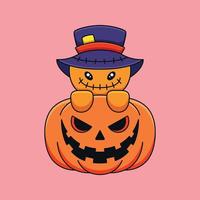 mignon citrouille épouvantail halloween dessin animé mascotte doodle art concept dessiné à la main vecteur kawaii icône illustration