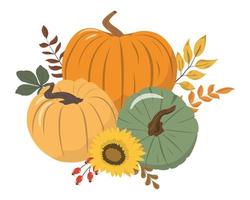 récolte de dessin animé ou arrangement de citrouilles, de fleurs et de feuilles de forêt de thanksgiving isolé sur fond blanc. conception de récolte saisonnière pour salutation ou affiche. vecteur