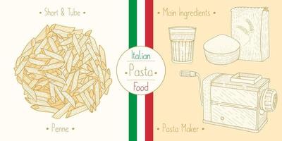 cuisson des pâtes alimentaires italiennes en tube, des ingrédients et de l'équipement vecteur