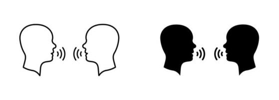 deux hommes parlent silhouette et icône de ligne. les gens font face à la tête dans le profil parlent pictogramme. icône de discours de conversation de personne. débat communicatif. trait modifiable. illustration vectorielle isolée. vecteur