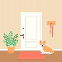 un chien gallois corgi attend une promenade. le chien est assis dans le couloir près de la porte. illustration vectorielle pour animaux de compagnie. vecteur
