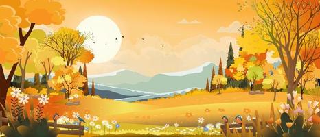 vecteur automne panorama paysage ferme champ avec ciel orange, beau coucher de soleil dans la campagne d'automne vue panoramique avec feuillage jaune, saison d'automne avec espace de copie pour fond de bannière
