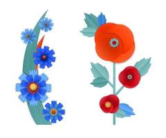 couper des boquets d'été de bleuet et de pavot en papier vecteur