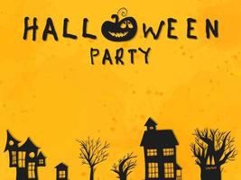 halloween 2022 - 31 octobre. des bonbons ou un sort. style de doodle vectoriel dessiné à la main. une carte postale avec lettrage et citrouille, arbres et maisons sur fond orange avec des taches d'aquarelle.