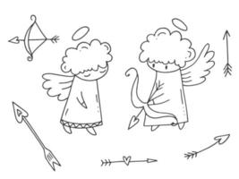 ensemble d'éléments de doodle mignons dessinés à la main sur l'amour. autocollants de message pour les applications. icônes pour la saint valentin, les événements romantiques et le mariage. Cupidon avec un halo et des ailes, des flèches et un arc. vecteur