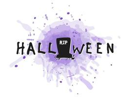 halloween 2022 - 31 octobre. des bonbons ou un sort. style de doodle vectoriel dessiné à la main. lettrage avec une tombe sur fond d'éclaboussures d'aquarelle violettes.