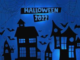 halloween 2022 - 31 octobre. des bonbons ou un sort. style de doodle vectoriel dessiné à la main. une carte postale avec des maisons, des chauves-souris, des toiles et des lettres brillantes sur fond bleu avec des taches d'aquarelle.