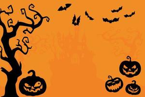 bannière d'halloween ou fond d'invitation à une fête avec des citrouilles, des chauves-souris, des arbres et un espace de copie. approprié pour être placé sur du contenu avec ce thème. vecteur