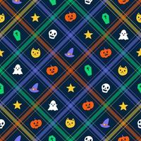 mignon élément halloween rayures diagonales ligne rayée inclinaison à carreaux plaid tartan buffle scott vichy motif fantôme, crâne, citrouilles, cercueil, chapeau de sorcière vecteur