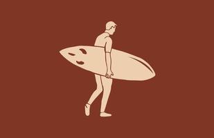 homme dessiné à la main portant une planche de surf style vintage vector.eps vecteur