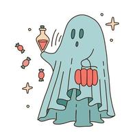 rétro des années 70 des années 60 hippie groovy fantôme d'halloween collectionnant des bonbons. le fantôme du drap blanc tient une fiole de potion. illustration vectorielle linéaire boho esthétique dessinée à la main. vecteur