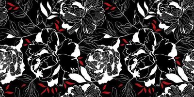 modèle sans couture floral noir pivoine linéaire blanc et rouge vecteur