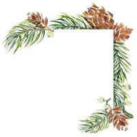 cadre aquarelle de noël avec branches et cônes de bière et gui vecteur