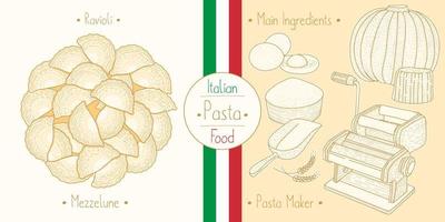 pâtes alimentaires italiennes avec remplissage de raviolis mezzelune vecteur