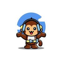 singe mignon écoutant de la musique avec un personnage de dessin animé de casque vecteur