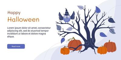 bannière d'halloween. arbre effrayant avec des branches, un hibou et des citrouilles isolés sur fond blanc. vecteur