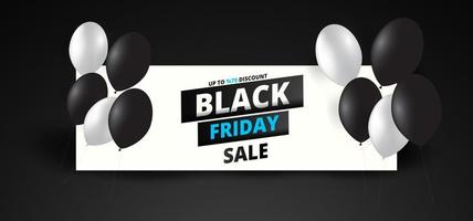 bannière de vente vendredi noir avec des ballons blancs et noirs vecteur