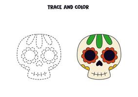 tracer et colorier un joli crâne mexicain dessiné à la main. feuille de travail pour les enfants. vecteur