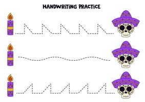 tracer des lignes pour les enfants. bougie et crâne dessinés à la main. pratique de l'écriture. vecteur