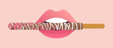 bâton de pepero enrobé de chocolat dans les lèvres roses illustration vectorielle vecteur