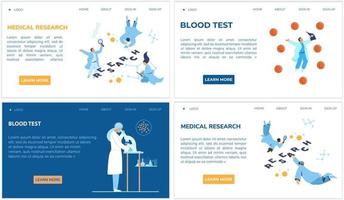 ensemble vectoriel de modèles de page web de recherche médicale et de test sanguin. illustration de médecins et de scientifiques.