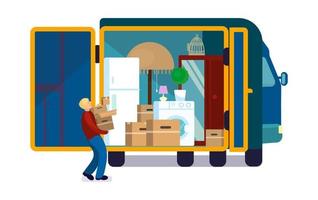 homme transportant des boîtes vers un camion de déménagement rempli de meubles et de boîtes. à l'intérieur du camion de déménagement. illustration vectorielle plane. vecteur