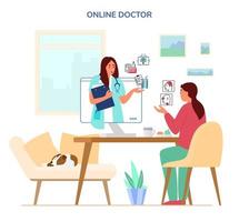 concept de consultation médicale en ligne. femme assise au bureau à la maison parlant au médecin par vidéoconférence. icônes de symptômes et de prescriptions. illustration vectorielle plane. vecteur