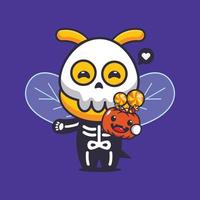 abeille mignonne avec costume de squelette tenant une citrouille d'halloween. illustration de dessin animé mignon halloween. vecteur