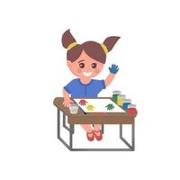 mignon personnage d'écolière assis au bureau et peignant une illustration vectorielle isolée. concept d'éducation précoce. vecteur