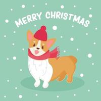 chien corgi mignon avec bonnet de noel et illustration vectorielle écharpe. carte de voeux d'hiver avec animal drôle. affiche festive du nouvel an. vecteur