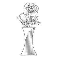 vase à fleur rose d'élément de page à colorier avec illustration graphique dessin au trait au crayon vecteur