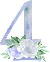numéro floral bleu aquarelle - chiffre 4 quatre avec composition de bouquet de fleurs. numéro 4 avec fleurs et verdure vecteur