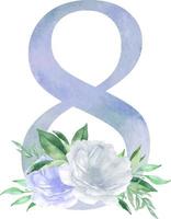 numéro floral bleu aquarelle - chiffre 8 huit avec composition de bouquet de fleurs. numéro 8 avec fleurs et verdure vecteur