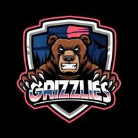 logo de jeu de mascotte grizzlies et illustration d'arrière-plan vecteur