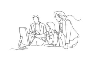 un dessin en ligne continu de travailleurs d'équipe discutant de données sur un écran d'ordinateur au bureau. notion de coworking. illustration graphique vectorielle de dessin à une seule ligne. vecteur