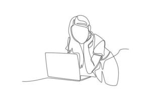 un dessin en ligne continu d'une femme créative travaillant en ligne à son bureau. notion de coworking. illustration graphique vectorielle de dessin à une seule ligne. vecteur