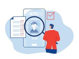 kyc ou connaissez votre client avec entreprise vérifiant l'identité de son concept de clients chez les futurs partenaires grâce à un illustrateur de vecteur en forme de loupe