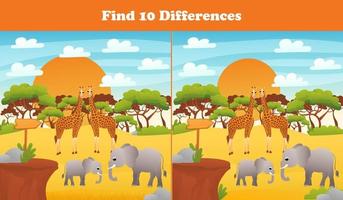 trouver dix différences feuille de travail imprimable avec des éléphants et des girafes de safari africain et un paysage désertique pour les enfants vecteur