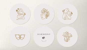 ensemble d'icônes et d'emblèmes pour les couvertures d'actualités des médias sociaux avec des papillons dorés et une fleur femelle sur fond blanc. modèles de conception pour astrologue de studio de yoga, tourisme, salons de beauté vecteur