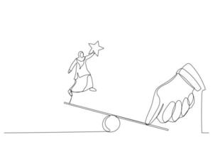 dessin d'un pouce géant aidant une femme d'affaires musulmane à sauter sur la balançoire. style d'art en ligne continue unique vecteur